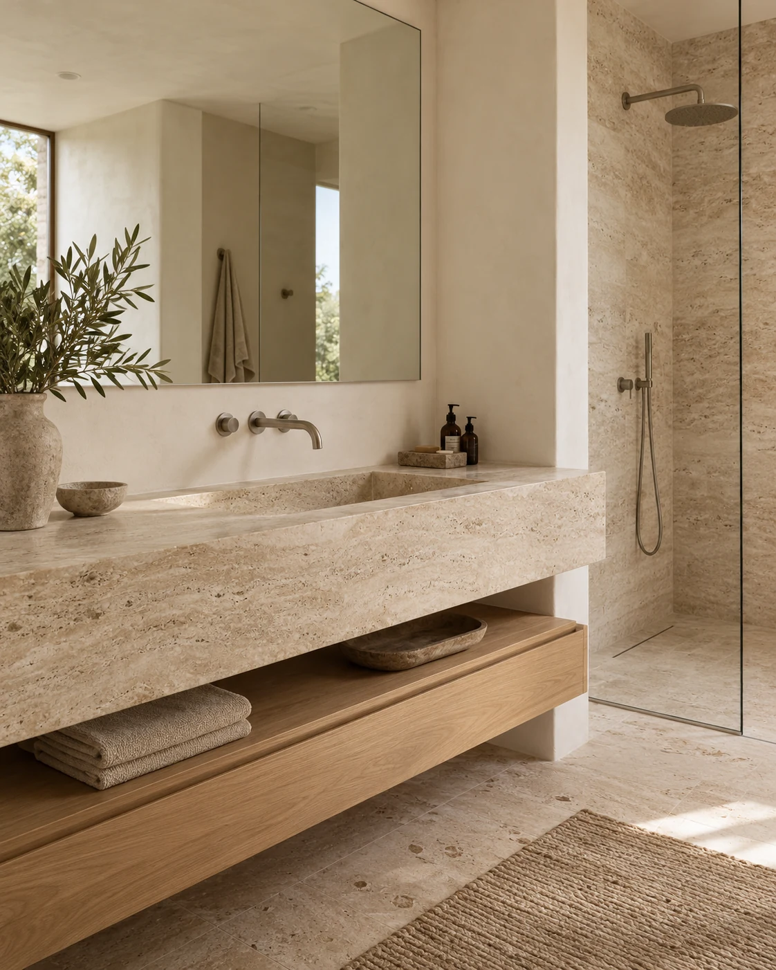 Ambiente conceptual de baño con lavabo de piedra y ducha