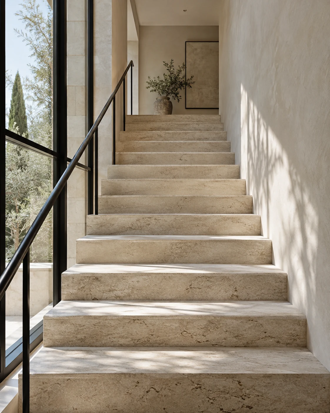 Escalera de piedra en un interior luminoso (ambiente conceptual)